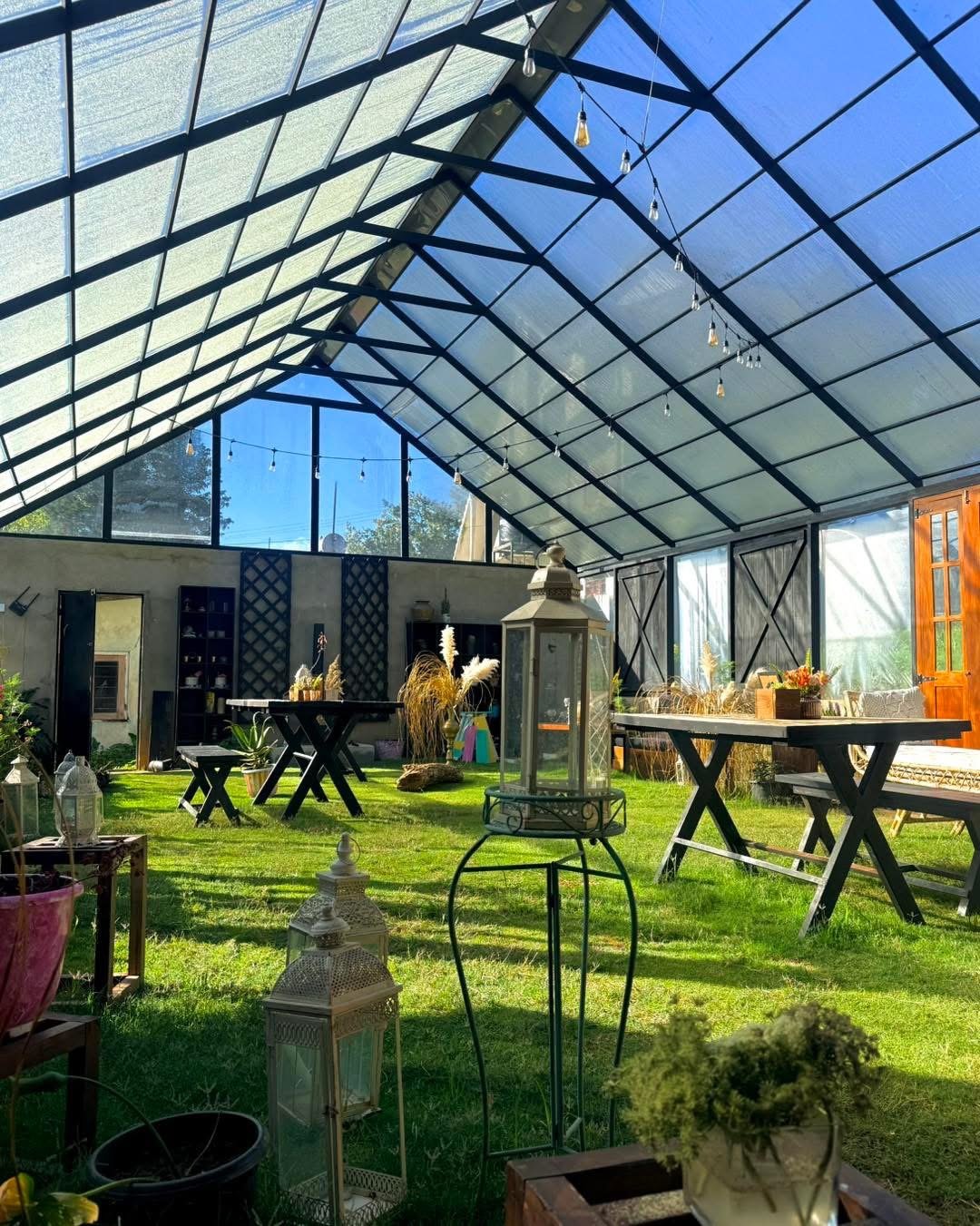 The greenhouse dining room on a bright afternoon