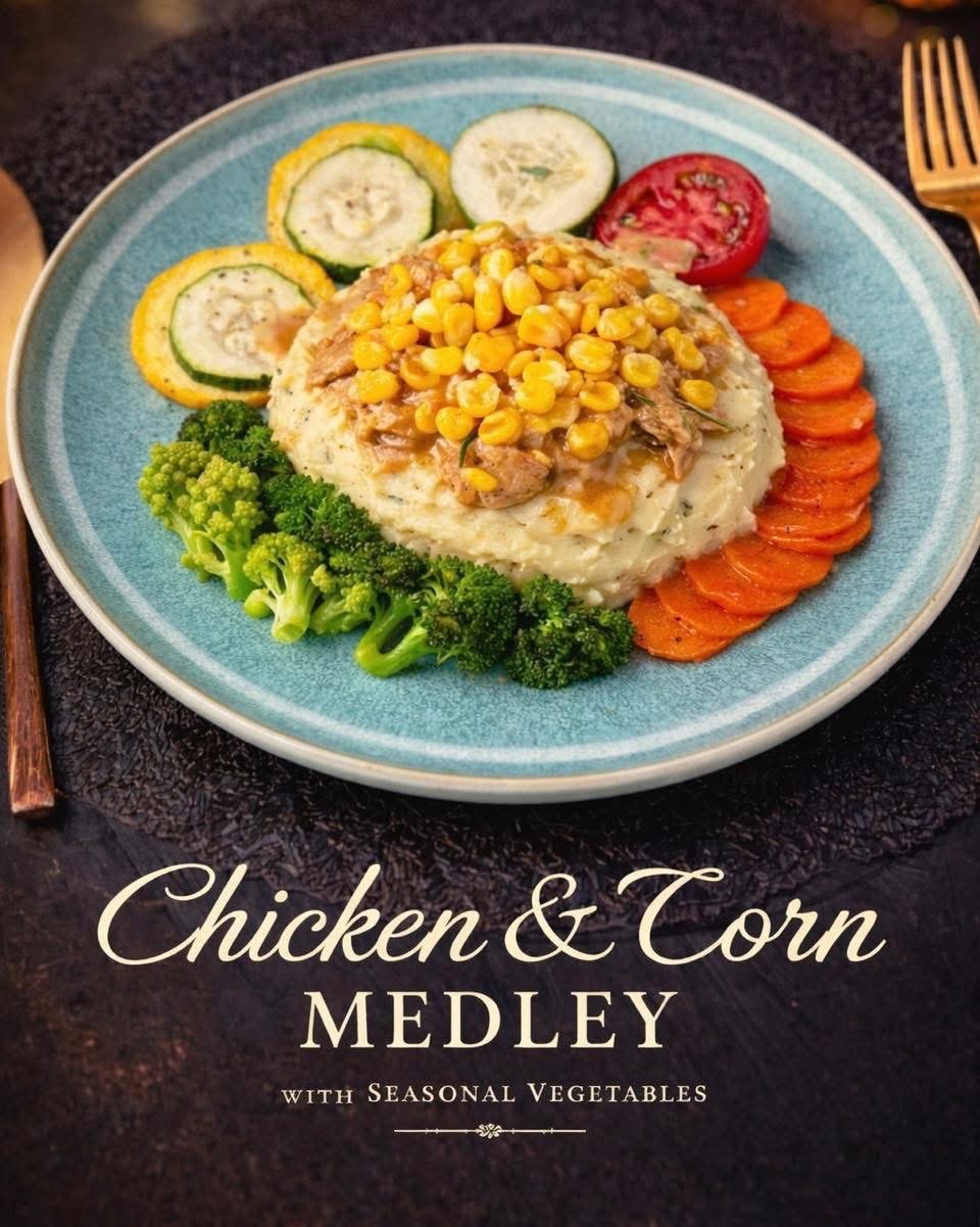 A plate of chicken and corn with roasted garden vegetables
