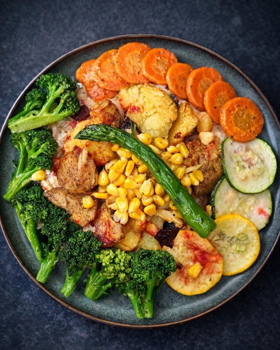 A bowl of chicken with sweetcorn, broccoli and courgette